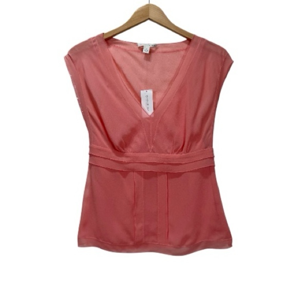 Banana Republic 100% Silk Coral Peach Sheer V-Neck Blouse Top Size 4 Side Zip